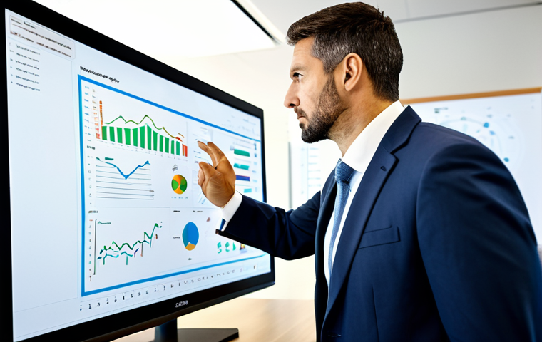 A professional coach, an adult in a modest business suit, thoughtfully analyzing feedback data on a large digital screen in a modern, well-lit meeting room. Scattered notes, charts, and diagrams symbolizing diverse feedback sources are visible on a table. The coach's expression is focused and reflective, demonstrating an active, engaged approach to understanding insights. The background shows a collaborative workspace hinting at the future application of insights. The image conveys continuous improvement and strategic planning. fully clothed, appropriate attire, safe for work, perfect anatomy, correct proportions, natural pose, well-formed hands, proper finger count, natural body proportions, professional dress, high quality, professional photography, appropriate content, modest, family-friendly.