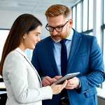 A professional self-directed learning coach, fully clothed in a modest business suit, gently guiding a motivated adult learner. The learner, also fully clothed in smart casual attire, is actively engaged, looking at a digital tablet with a focused expression. They are in a bright, modern, collaborative learning space with natural light, emphasizing mentorship and empowerment. Perfect anatomy, correct proportions, natural pose, well-formed hands, proper finger count, natural body proportions, professional photography, high quality, safe for work, appropriate content, family-friendly.