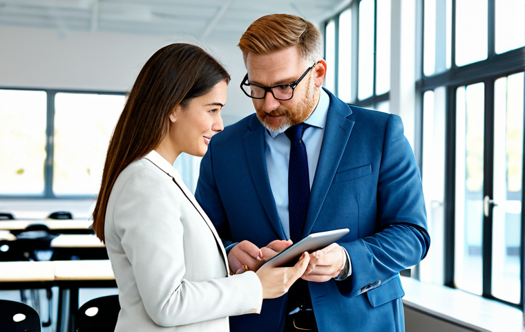A professional self-directed learning coach, fully clothed in a modest business suit, gently guiding a motivated adult learner. The learner, also fully clothed in smart casual attire, is actively engaged, looking at a digital tablet with a focused expression. They are in a bright, modern, collaborative learning space with natural light, emphasizing mentorship and empowerment. Perfect anatomy, correct proportions, natural pose, well-formed hands, proper finger count, natural body proportions, professional photography, high quality, safe for work, appropriate content, family-friendly.
