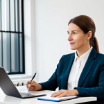 A professional female learning coach, wearing a modest business blazer and trousers, seated across a modern, polished desk from a male client in appropriate, smart casual attire. The coach is actively listening with an empathetic expression, subtly gesturing with an open hand, guiding the client. The client is engaged, taking notes in a professional notebook, reflecting a moment of clarity and empowerment. The setting is a bright, minimalist office space with soft natural light, conveying a calm and professional atmosphere. safe for work, appropriate content, fully clothed, professional, perfect anatomy, correct proportions, natural pose, well-formed hands, proper finger count, natural body proportions, high-quality professional photography.