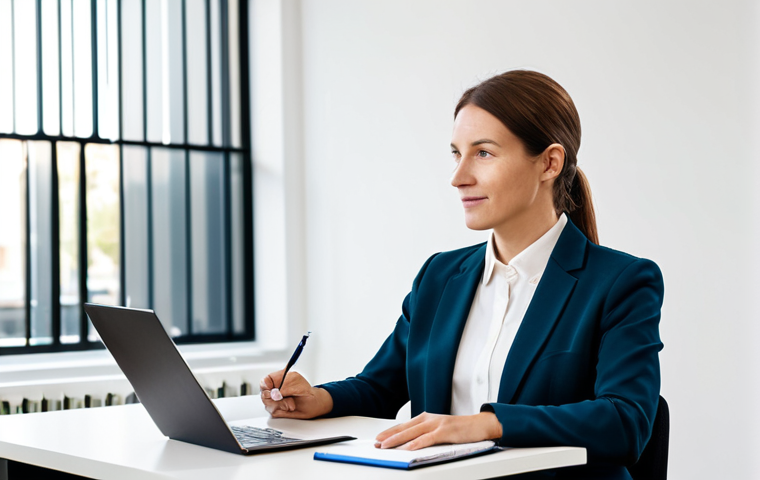 A professional female learning coach, wearing a modest business blazer and trousers, seated across a modern, polished desk from a male client in appropriate, smart casual attire. The coach is actively listening with an empathetic expression, subtly gesturing with an open hand, guiding the client. The client is engaged, taking notes in a professional notebook, reflecting a moment of clarity and empowerment. The setting is a bright, minimalist office space with soft natural light, conveying a calm and professional atmosphere. safe for work, appropriate content, fully clothed, professional, perfect anatomy, correct proportions, natural pose, well-formed hands, proper finger count, natural body proportions, high-quality professional photography.