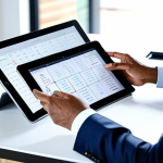 A focused professional individual in modest business attire, fully clothed, thoughtfully organizing a digital planner on a sleek tablet at a minimalist desk in a brightly lit, modern home office. The background is softly blurred to emphasize focus. Perfect anatomy, correct proportions, well-formed hands, proper finger count, natural body proportions, natural pose, safe for work, appropriate content, professional.