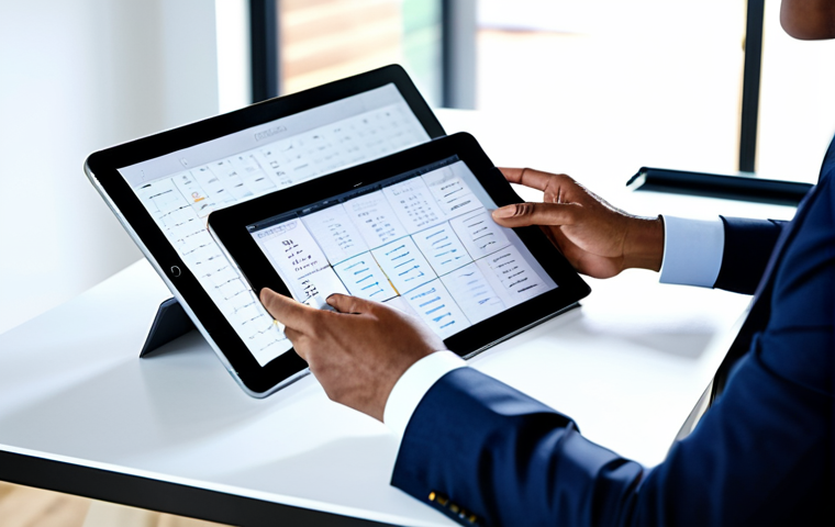 A focused professional individual in modest business attire, fully clothed, thoughtfully organizing a digital planner on a sleek tablet at a minimalist desk in a brightly lit, modern home office. The background is softly blurred to emphasize focus. Perfect anatomy, correct proportions, well-formed hands, proper finger count, natural body proportions, natural pose, safe for work, appropriate content, professional.