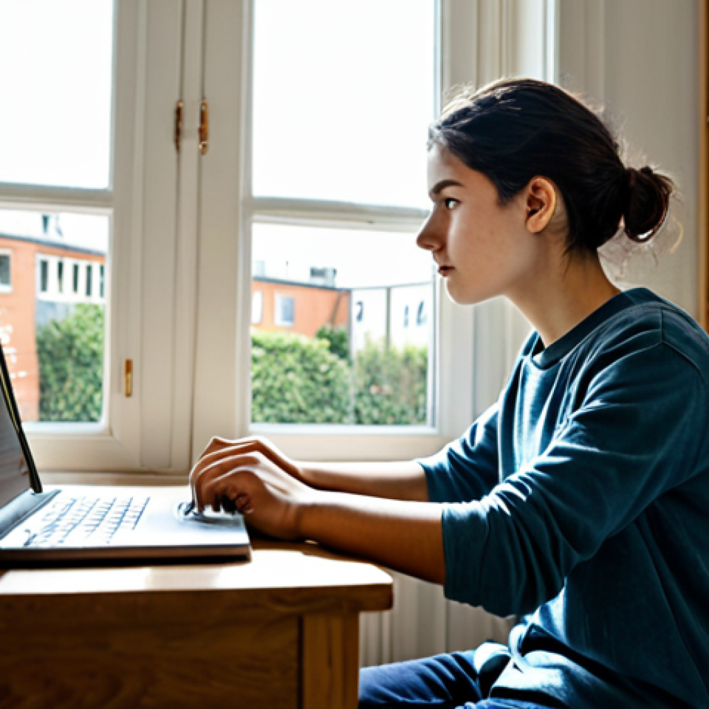 **

A young adult student, fully clothed in comfortable casual wear, sitting at a tidy desk with a laptop and open notebook, bathed in soft natural light from a window. The background includes bookshelves filled with academic books and a small potted plant. The scene depicts focused self-study. safe for work, appropriate content, fully clothed, professional, perfect anatomy, correct proportions, well-formed hands, proper finger count, natural body proportions, modest attire.

**