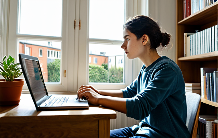 **

A young adult student, fully clothed in comfortable casual wear, sitting at a tidy desk with a laptop and open notebook, bathed in soft natural light from a window. The background includes bookshelves filled with academic books and a small potted plant. The scene depicts focused self-study. safe for work, appropriate content, fully clothed, professional, perfect anatomy, correct proportions, well-formed hands, proper finger count, natural body proportions, modest attire.

**