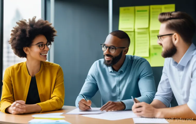 자기주도학습코치 협업 네트워크 구축법 - A dynamic, bustling professional conference hall where several learning coaches are engaged in meani...