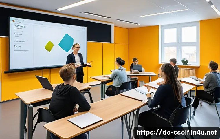 자기주도학습코치 자격증 최신 시험 정보 - A modern classroom setting in Germany with diverse adult students attending a hybrid learning sessio...