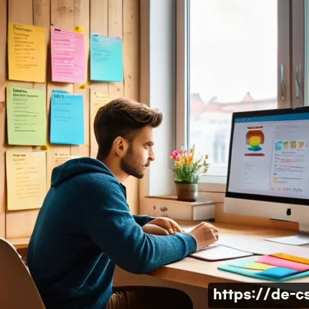 자기주도학습코치의 코칭 성공 사례 분석 - A modern, cozy study room with a German learner in casual clothing sitting at a wooden desk, surroun...