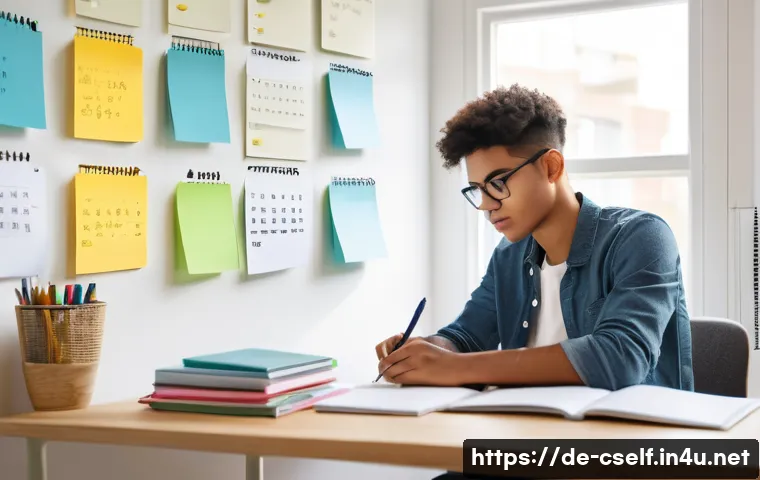 자기주도학습코치 실기 시험 대비 - A focused young adult student sitting at a tidy desk in a bright, modern study room, surrounded by o...