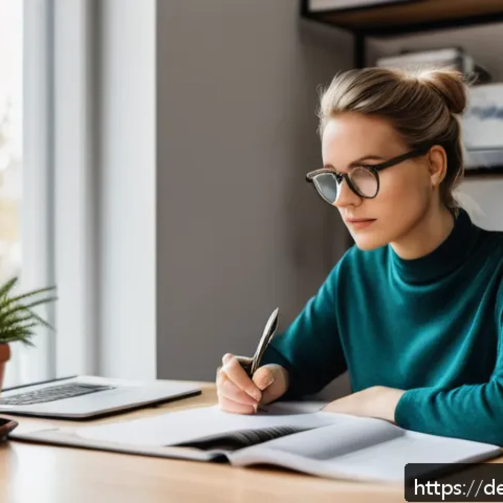 자기주도학습코치 경력 패스 분석 - A professional young adult woman sitting at a modern desk in a bright, minimalistic home office, wri...