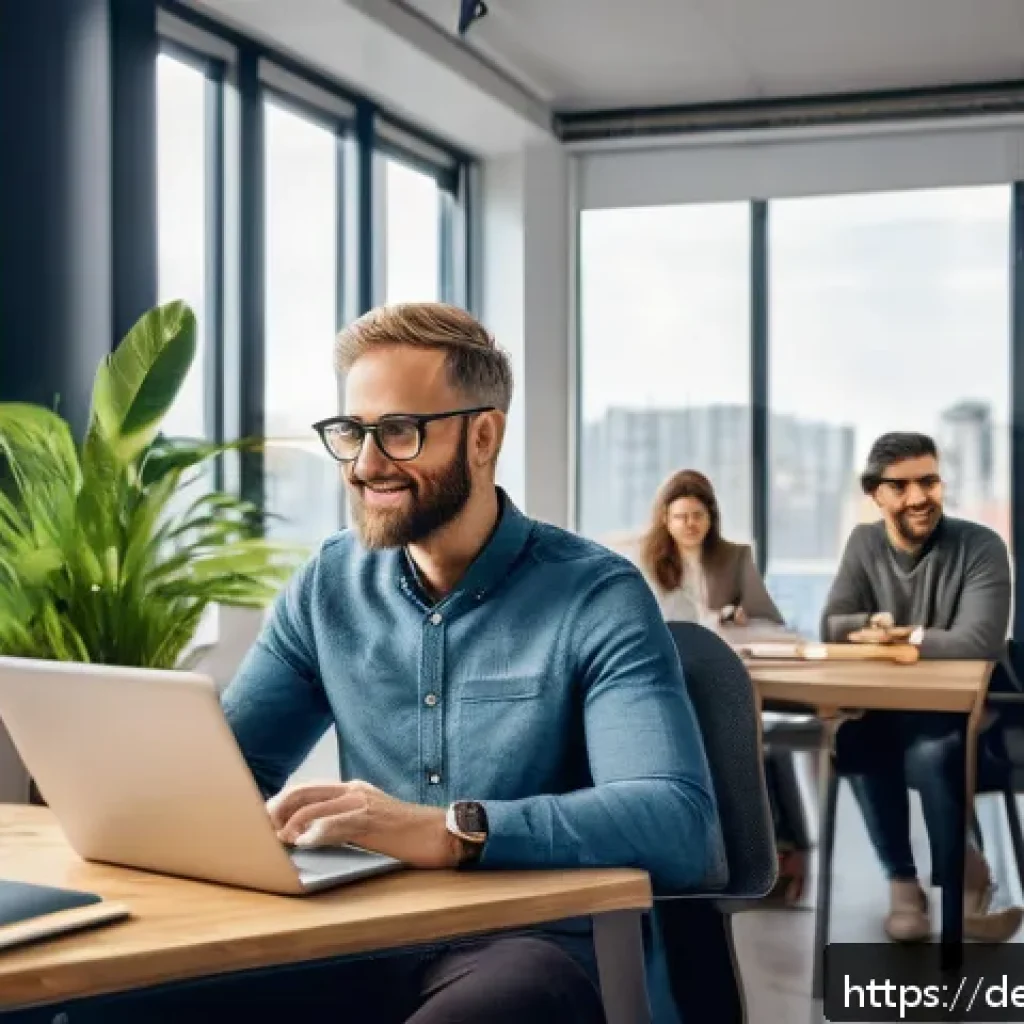 자기주도학습코치의 경력 개발 핵심 - A modern learning coach in a bright, organized office setting using a laptop with digital learning p...