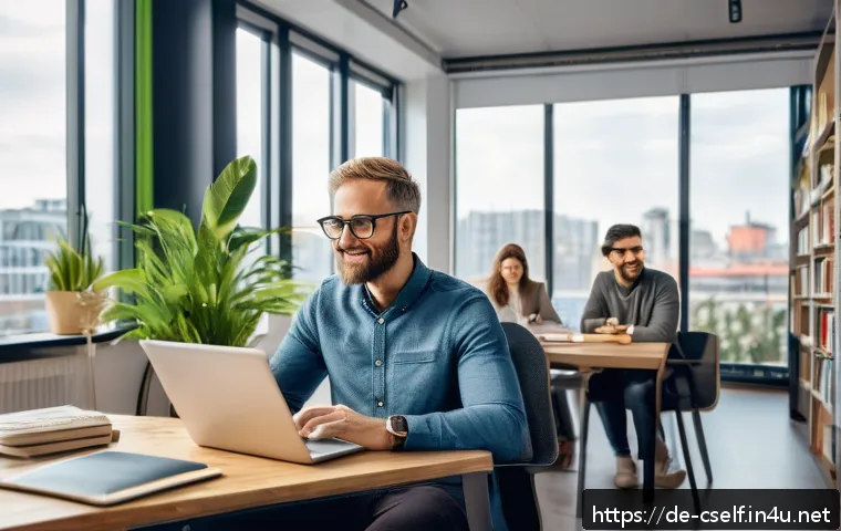 자기주도학습코치의 경력 개발 핵심 - A modern learning coach in a bright, organized office setting using a laptop with digital learning p...