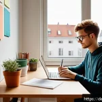 자기주도학습코치 강의 평가 설문 분석 - A modern, cozy study room in a German apartment with a young adult sitting at a wooden desk, focused...