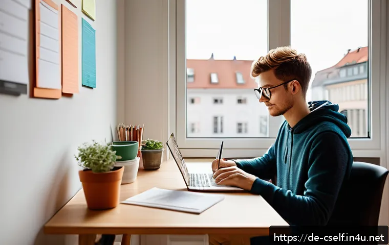 자기주도학습코치 강의 평가 설문 분석 - A modern, cozy study room in a German apartment with a young adult sitting at a wooden desk, focused...